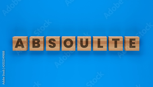 Foto Alphabet Blocks Spelling 'ABSOLUTE': Wooden alphabet blocks are arranged on a vibrant blue background to spell the word ABSOLUTE, representing the concept of completeness and totality