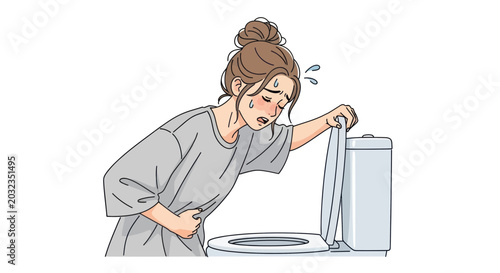 Canvastavla Woman feeling sick and vomiting into toilet, nausea and stomach pain concept
