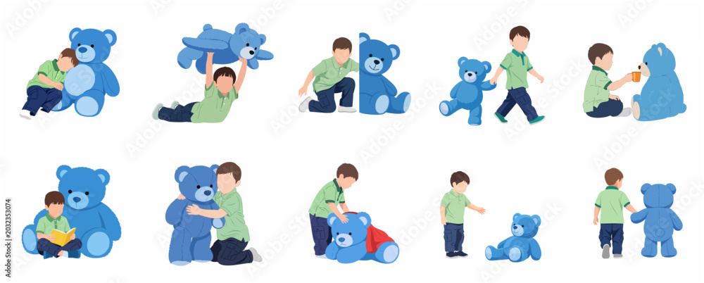 Fototapeta premium Collection of flat vector illustrations showing a young boy playing and interacting with a giant blue teddy bear, depicting childhood friendship and imagination.