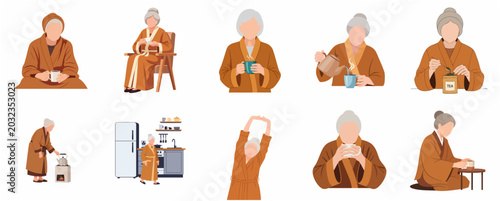 Fotografía Elderly Woman Daily Morning Routine and Tea Time Illustration Set, Senior Lady R