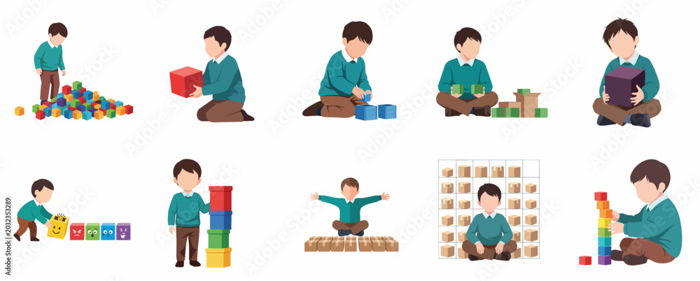 Fototapeta premium Little boy playing with building blocks and boxes vector illustration set, child educational activity and creative play concepts
