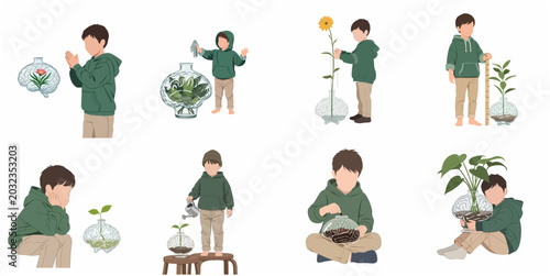 Konstfotografi Set of illustrations featuring a boy nurturing a brain-shaped plant vase, symbolizing mental health, psychological growth, early childhood education, and cognitive development