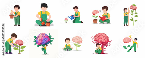 Canvastavla Set of conceptual illustrations of a boy nurturing and growing his brain like a plant representing education, mental health, and cognitive development