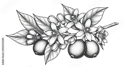 Orange Blossom Branch with Fruit - Black and White Sketch Illustration