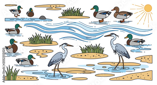 Ducks and Herons in a Stylized Water Scene with Sun and Grass