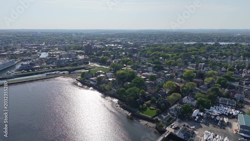 Aerial view of historic Salem town skyline, Harbor, and Salem Maritime National Historic Site, Massachusetts