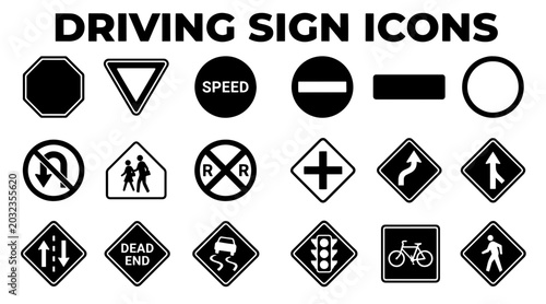 Bild auf Leinwand A collection of various black and white icons representing different driving signs used for road safety and navigation