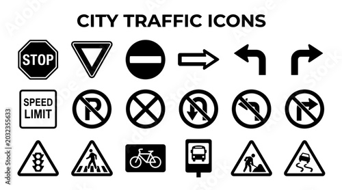 Photos A comprehensive set of black and white icons representing various traffic regulations, road signs, and symbols for urban navigation