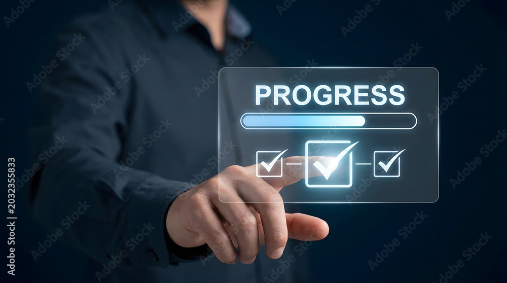 Obraz premium Businessman interacting with a digital progress bar and checklist on a transparent screen