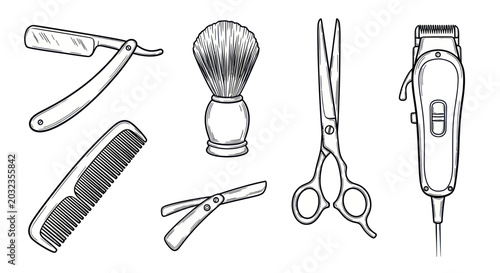 Barber Tools Collection: Razor, Comb, Scissors, Clipper, Shaving Brush, Trimmer