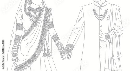 Indian Wedding Couple Holding Hands, Bride in Saree, Groom in Sherwani, Traditional Attire Line Art
