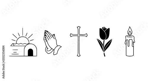 Schilderij op canvas Funeral and Mourning Icons: Sunrise, Praying Hands, Cross, Tulip, Candle