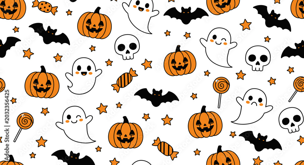 Fototapeta premium Seamless Halloween Pattern With Cute Smiling Pumpkins Friendly Ghosts Tiny Skulls Flying Bats Stars and Sweet Candy Icons