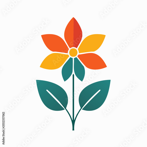 Stylized Flower Icon with Orange, Yellow, and Teal Petals and Leaves