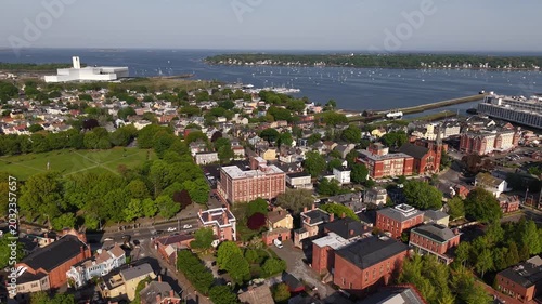Aerial view of historic Salem town skyline, Harbor, and Salem Maritime National Historic Site, Massachusetts