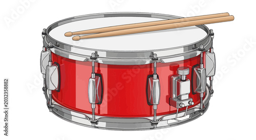 Fotografie Red Snare Drum with Drumsticks, Isolated on White Background