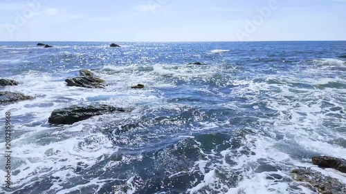 日本海・庄内海岸の岩に打ち寄せる波