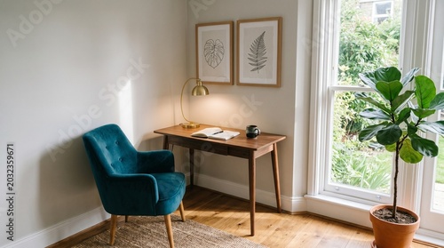 Foto Cozy home office corner with blue chair and wooden desk by the window