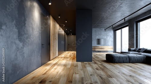 Contemporary interior space showcases textured walls, wooden flooring, and minimalist furnishings under focused lighting.