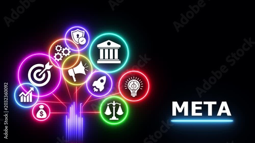 Neon digital tree with business icons and meta text glow in cinematic motion.