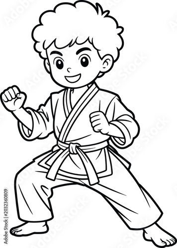 Black and white line of a young boy with curly hair wearing a karate gi in a martial arts fighting stance with clenched fists and a smiling expression on a plain white background