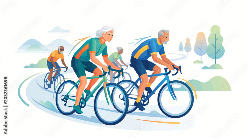 Fototapeta premium Cyclists riding on a scenic road.