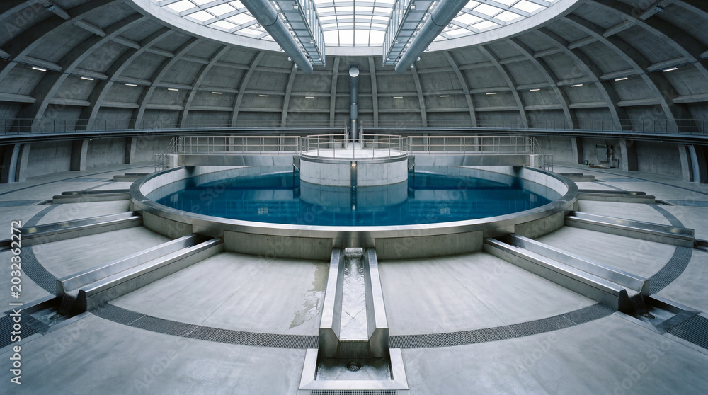 Fototapeta premium Futuristic circular water collection reservoir with polished steel accents and integrated industrial technology water systems