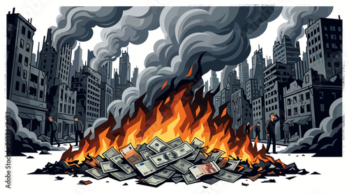 Картината върху платно Illustration of a pile of burning money with flames and smoke rising against a cityscape background in a dramatic and chaotic scene