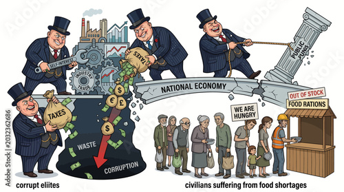 Photos Cartoon illustration of corrupt elites and politicians affecting the national ec