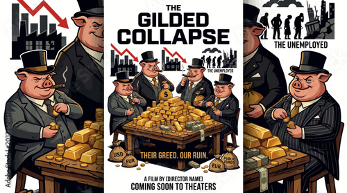 Fotografi Cartoon illustration of wealthy businessmen sitting around a table filled with g