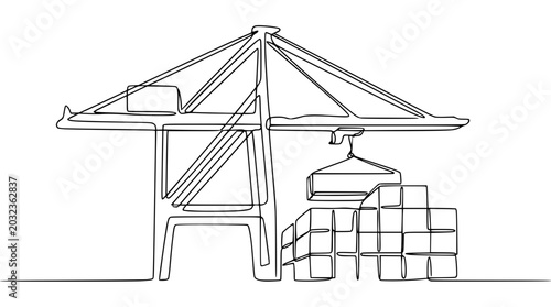 Continuous line drawing of a cargo crane lifting containers at a port, symbolizing global trade and logistics.