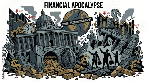 Принти на полотні Illustration of a financial apocalypse scene with a ruined government building, globe, and people amidst rubble and gold coins with a dark and ominous mood