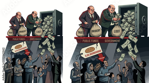 Schilderij op canvas Illustration of wealthy businessmen sitting on bags of money with a crowd of peo