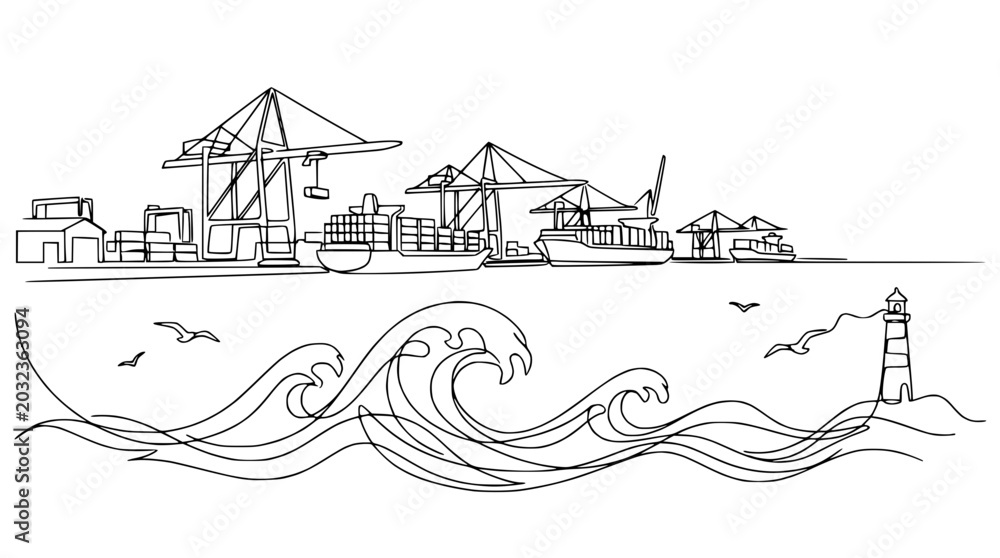 Fototapeta premium Industrial Shipping Port with Cranes, Ships, Lighthouse, and Waves - Line Art