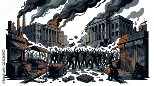 Schilderij op canvas Illustration of a chaotic cityscape with a crowd of people running down a street amidst smoke and debris, with a mix of dark and orange hues, conveying a sense of urgency and chaos