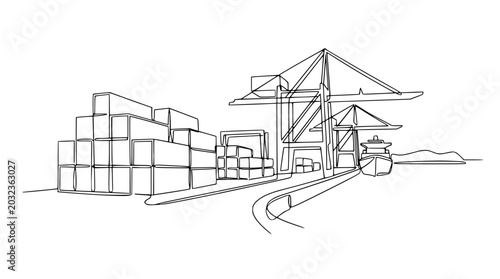 Industrial Port Scene: Shipping Containers, Cranes, and Ship in Minimalist Line Art