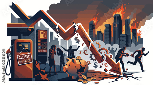 Bild auf Leinwand Illustration of people running from a burning cityscape with a destroyed gas pump and piggy bank in the foreground