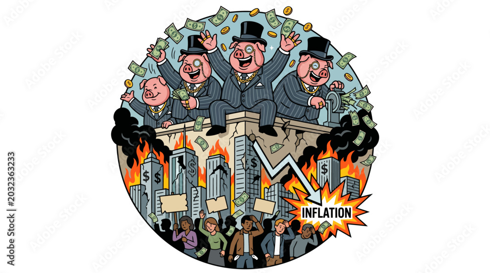 Αυτοκόλλητο Cartoon illustration of three wealthy men in top hats throwing money amidst a cityscape with flames, conveying a sense of chaos and financial turmoil