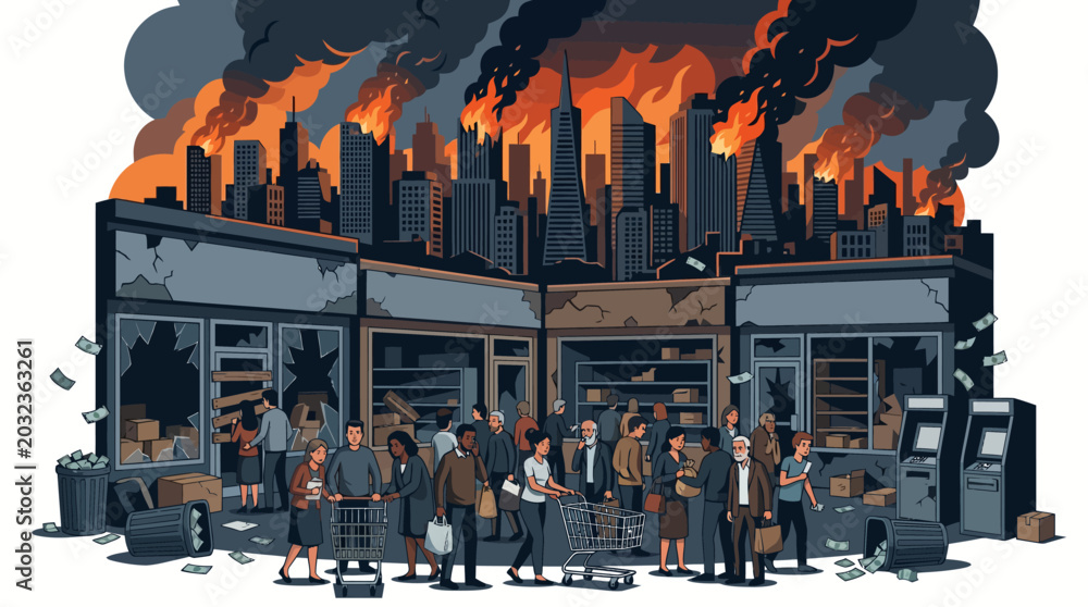 Αυτοκόλλητο Pixel art illustration of a chaotic city street with people amidst burning buildings and debris, conveying a sense of destruction and chaos in a dark and ominous tone