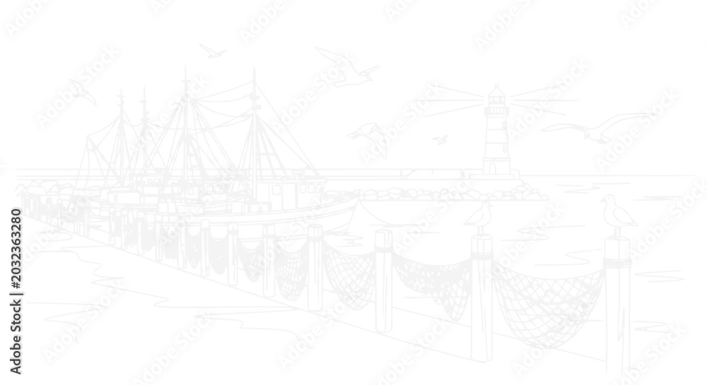 Fototapeta premium Sailing ship docked at pier, lighthouse in distance, seagulls flying
