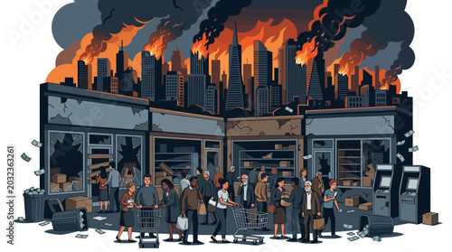 Foto Pixel art illustration of a chaotic city street with people amidst burning buildings and debris, conveying a sense of destruction and chaos in a dark and ominous tone