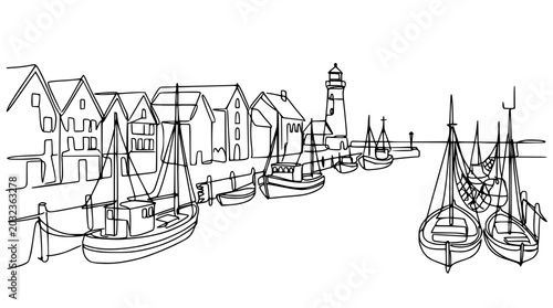 Bild auf Leinwand Minimalist Line Art: Coastal Village with Boats and Lighthouse