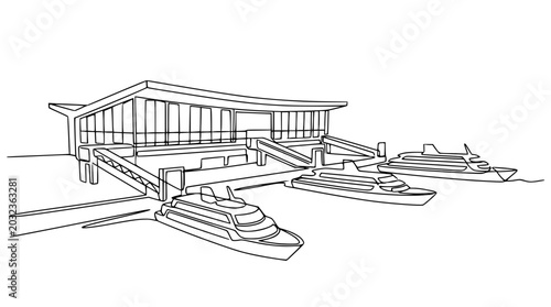 Foto Modern Marina Building with Luxury Yachts Docked, Sketch Style