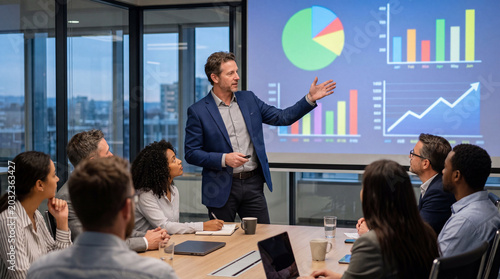Business presenter explaining marketing chart in meeting room with team watching projection screen