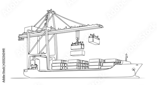 Container Ship Loading with Gantry Crane in Shipping Port - Outline Drawing
