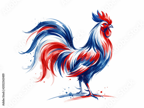 Striking illustration of a rooster in vibrant French flag colors, symbolizing national pride and spirit
