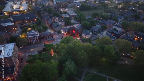 Salem MA Sunset Drone Aeriel 360 Panoramic View of Historic Cityscape, Golden Hour Harbor, Coastal Massachusetts & Downtown Lights. Atmospheric New England Twilight Aerial B-Roll Stock Footage