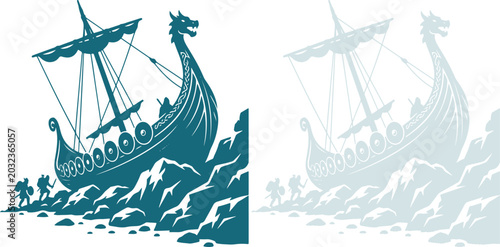 Foto Viking Longship Landing on Rocky Shore Silhouette Vector Illustration