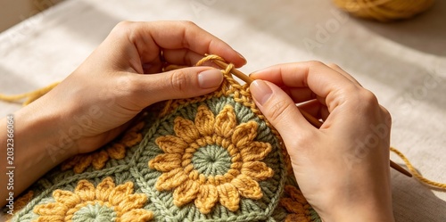 Cozy hobby concept with woman hands crocheting vintage terracotta floral motif