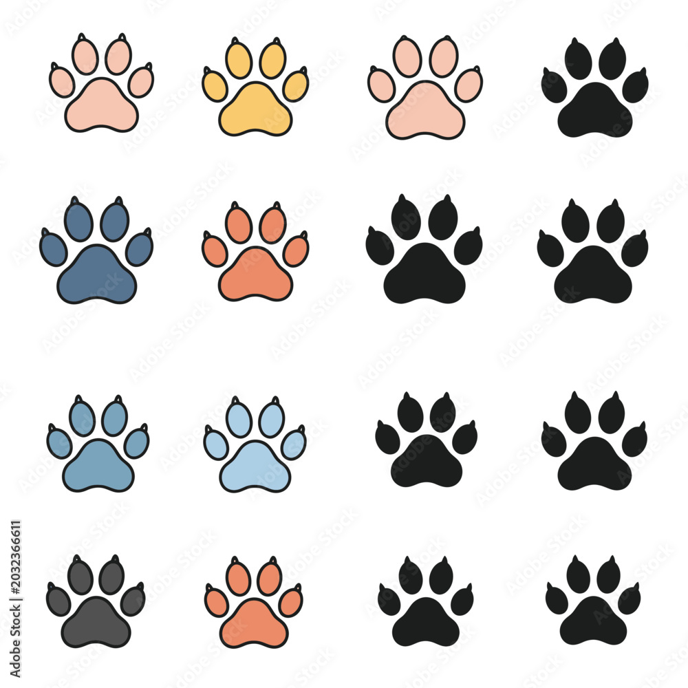 Fototapeta premium Colorful Paw Prints Collection - Animal Footsteps Icons